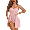 thumbnail image 2 of Puntoco Women Lingerie V Neck Babydoll Dress Lace Chemise Sleepwear Mesh Nightgown with Thong Pink L(L), 2 of 3