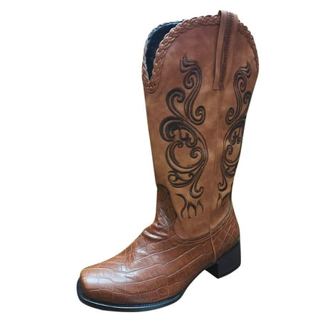 

Women Fashion Waterproof Snow Boots Booties Shoes Heels Women Retro Slip On Round Embroidery Toe Print Middle Womens Boots