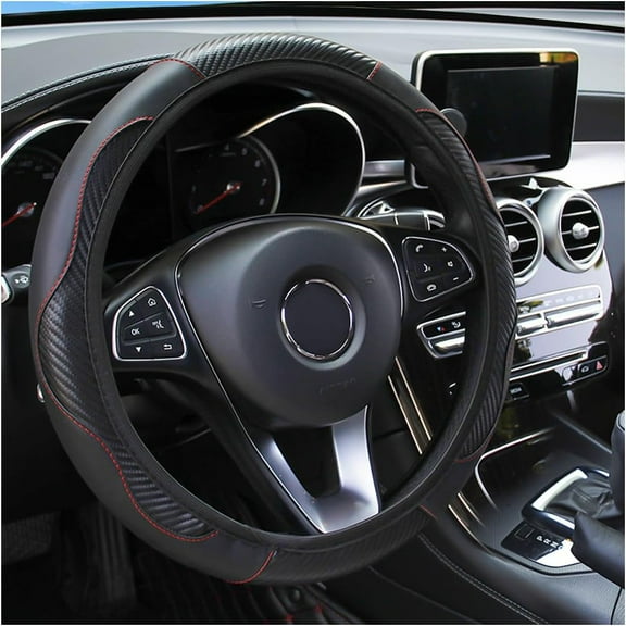 15 Inch Carbon Fiber Microfiber PU Leather Car Steering Wheel Cover, Anti-Slip Elastic Protector for Most Cars Black