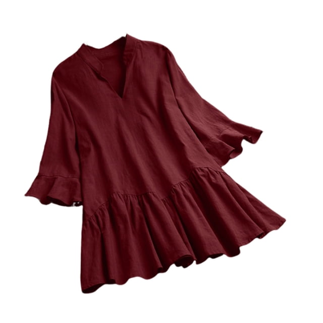 Timegard Hauts d'Été pour Femmes Grande Taille Col en V Manches Courtes à Volants Chemise Longue Décontractée Confortable
