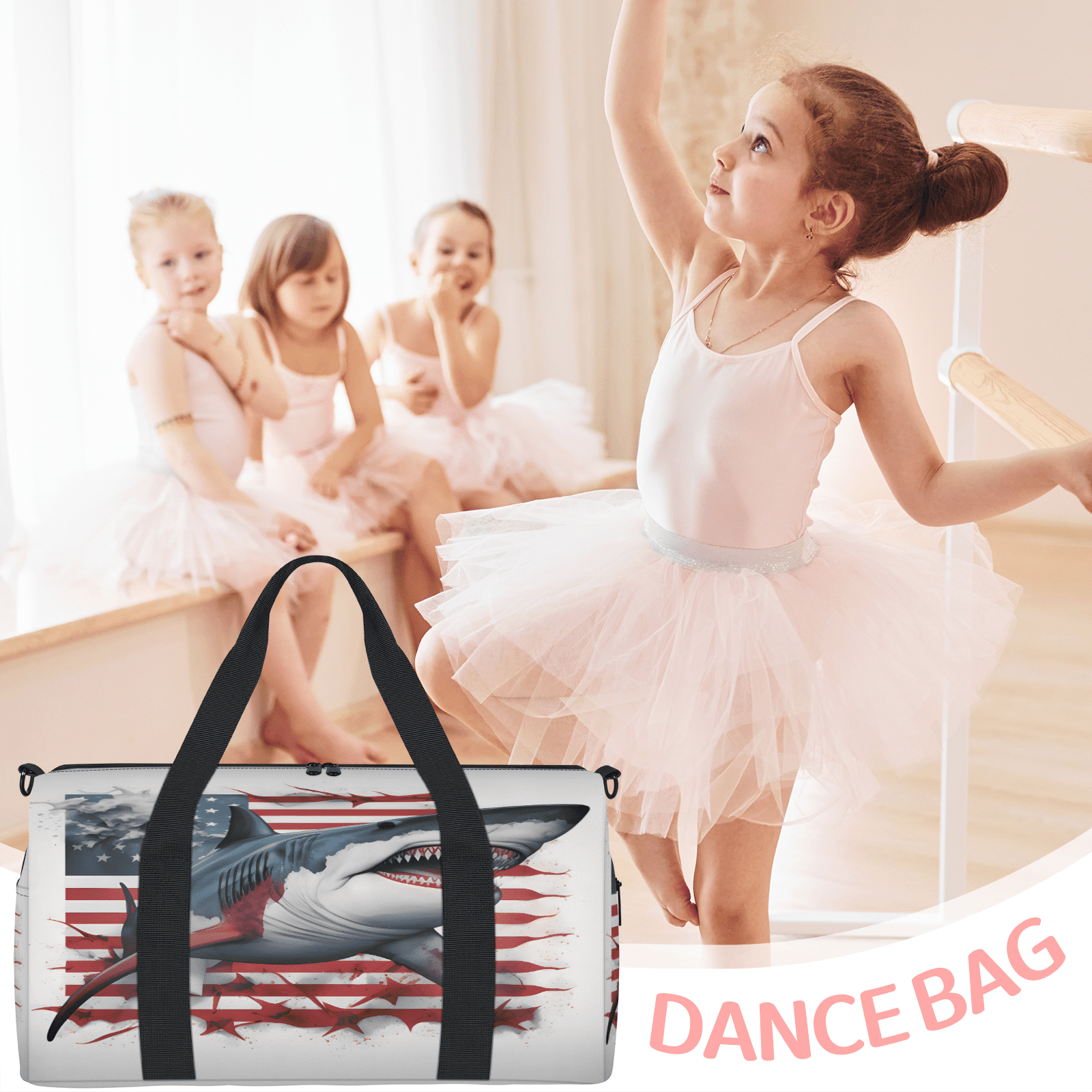Herdesigns Shark American Flag Gym Bag for Women, Duffle Bag for Travel Sport, Lightweight Waterproof Carry on Weekender Overnight Dance Yoga Workout Bags