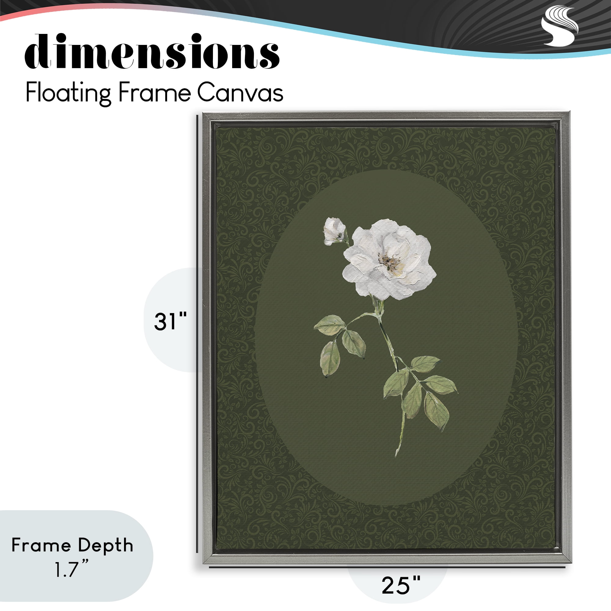 Stupell Industries White Rose on Emerald Gray Framed Floater Canvas Wall Art, design by Sally Swatland