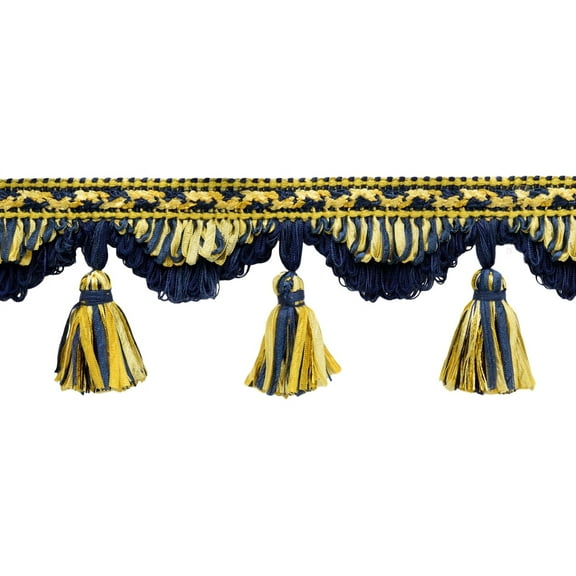 4" (10cm) Large Fancy Ribbon Tassel Fringe Trim with Scallop design # RTF0400,, Nautical Blue #8967 (Navy Blue, Yellow Gold, Midnight Blue) Sold By The Yard (36"/3 ft/0.9m)