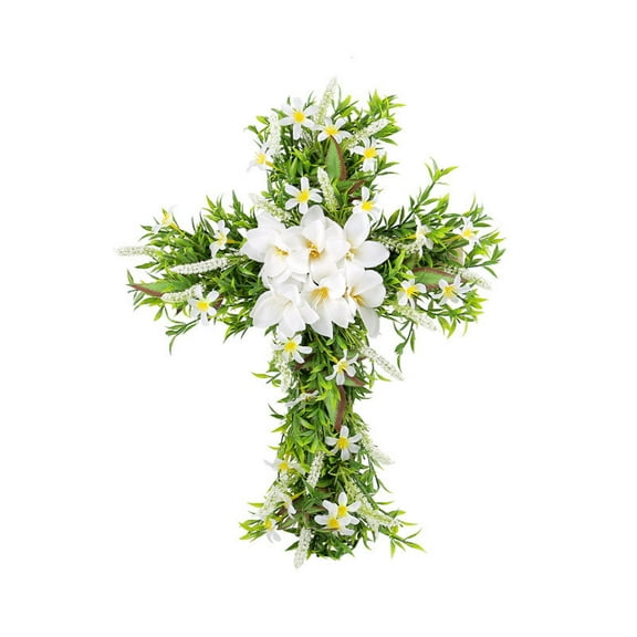 Sktrjpolfis Easter Simulation Cross Wreath Wooden Frame Artificial Garland Home Door Hanging Decoration