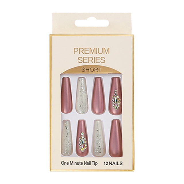 WIFKLSIIPG 12 Long T Shaped False Nails Shining Powder Sequins Nail Enhancement Colorful Artificial Point Drill Ballet Nails
