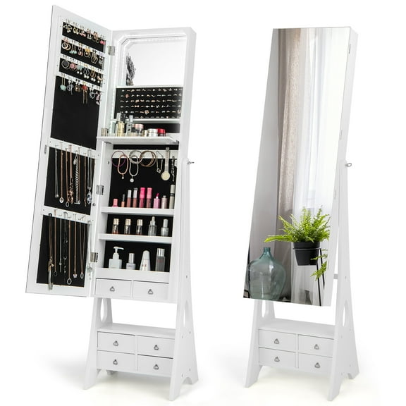 Gymax Jewelry Cabinet Armoire Full Length LED Mirror w/ 6 Drawers & Makeup Shelf White
