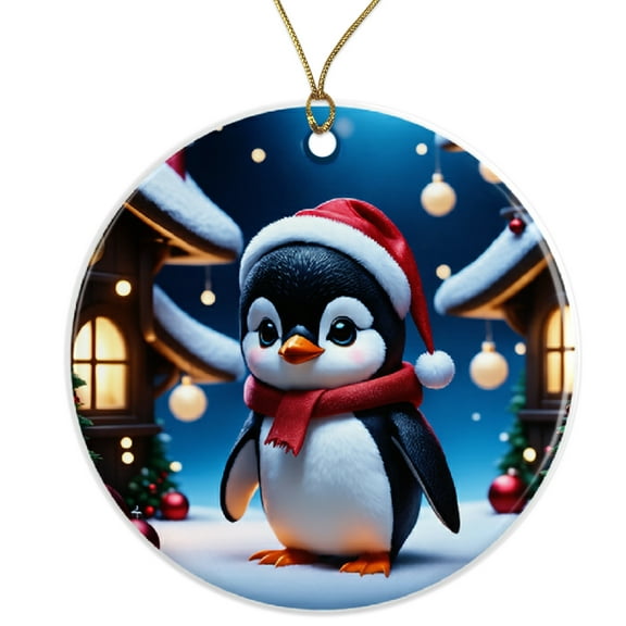 Cute Penguin Christmas Ornament, Adorable Festive Gift, Winter Holiday Decor Ceramic Ornament - 3 Inch Christmas Tree Round Ornament - Xmas Holiday Decor - String Included - ORNW0226