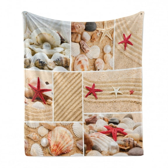 Tropical Soft Flannel Fleece Throw Blanket, Collage Macro Photos of Seashells Pearls Pebbles and Starfish on Sandy Beach, Cozy Plush for Indoor and Outdoor Use, 70" x 90", Multicolor, by Ambesonne