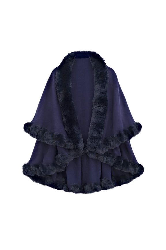 Faux Fur Trim Cardigan Cloak Shawl Wraps Winter Poncho Oversized Cape Navy One Size