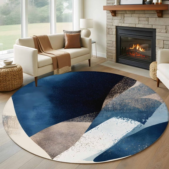 Round Rugs 5Ft, Navy Blue Round Area Rug Washable Indoor Throw Carpet, Contemporary Modern Geometric Abstract Soft Non Slip Circle Rug for Cabinet Bathroom Home Decor Aesthetic