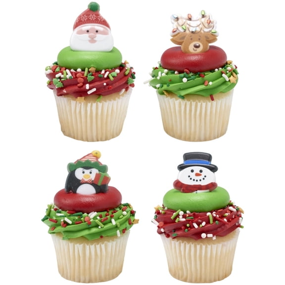 CakeDrake Holiday Icon Cupcake Rings 24 Pack, Winter Dessert Toppers with Snowman Reindeer Penguin and Santa Designs for Cupcakes Donuts and Cakes