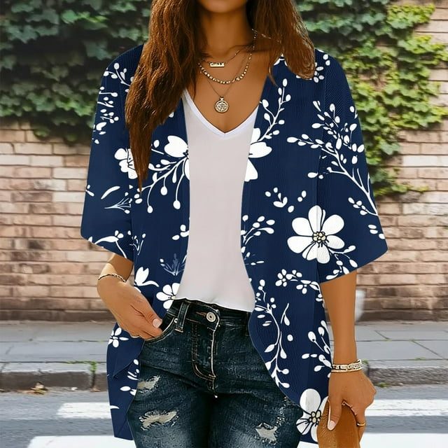 Xuyuer Spring Beach Cover-Up Cardigan - Women's 3/4 Sleeve Casual Shirt for Summer Seaside Outings, Resort Vacations, Breezy Seasonal Layering Top & Coastal Stroll Essentials