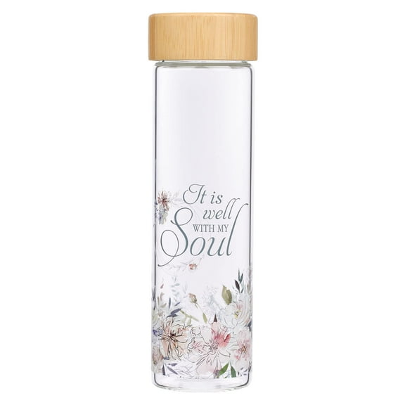 Christian Art Gifts Glass Water Bottle: It is Well With My Soul with Insulating Sleeve and Bamboo Lid, 17 oz.