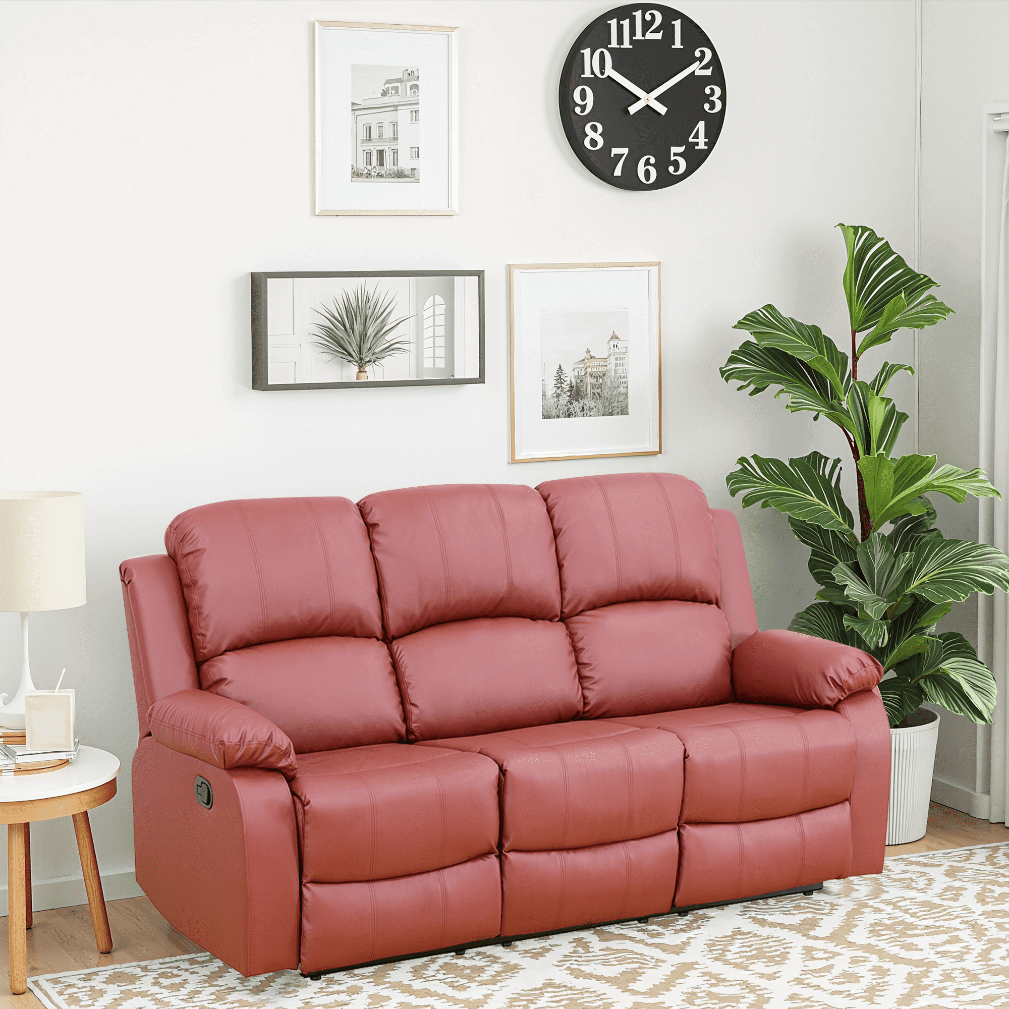 MAYEERTY Power Reclining Sofa, Electric 3-Seat Leather Recliner with Reversible Coffee Table for Living Room, Red
