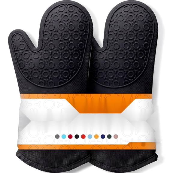 PLERISE BPA Free Silicone Oven Mitts, Heat Resistant 500°F Thick Cotton Liner Long Slip Resistant Pot Holders, Black, 13.7 inch, 2 Piece