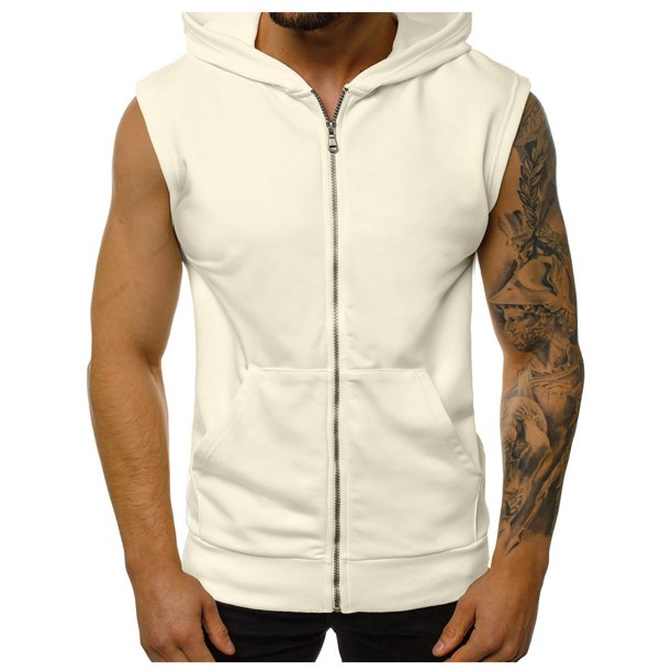 Mens Zipper Up Workout Hooded Tank Tops With Pockets Bodybuilding Sleeveless Muscle T Shirt Fitness Training Hoodies L