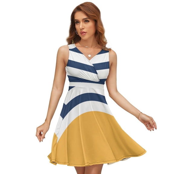 Blue And White Stripes with Yellow Sleeveless Dress Women Summer Evening Dresses Ladies Sundress