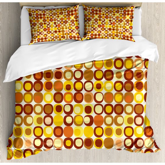 Mid Century Duvet Cover Set Queen Size, Kitsch and Retro Styled Round Edged Square Pattern in Old Earth Tones, Decorative 3 Piece Bedding Set with 2 Pillow Shams, Brown Yellow Coral, by Ambesonne