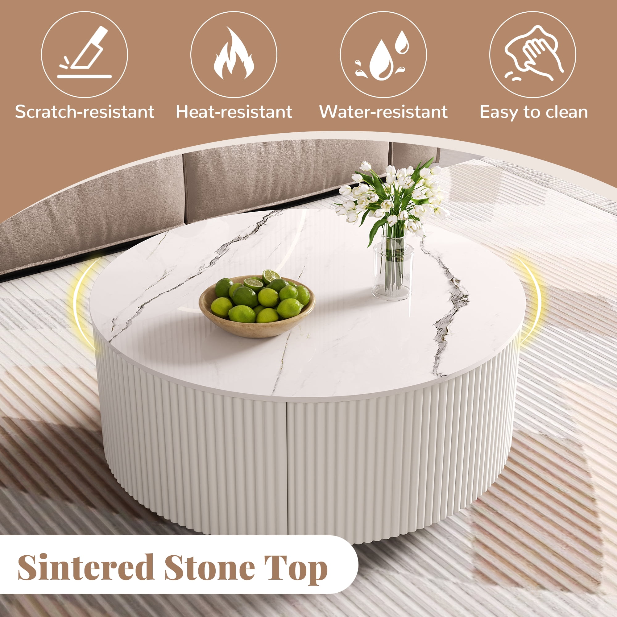 Euroco Modern Round Movable Coffee Table with Casters, 2 Drawers, Marble Pattern Sintered Stone Top, White, 29.5"