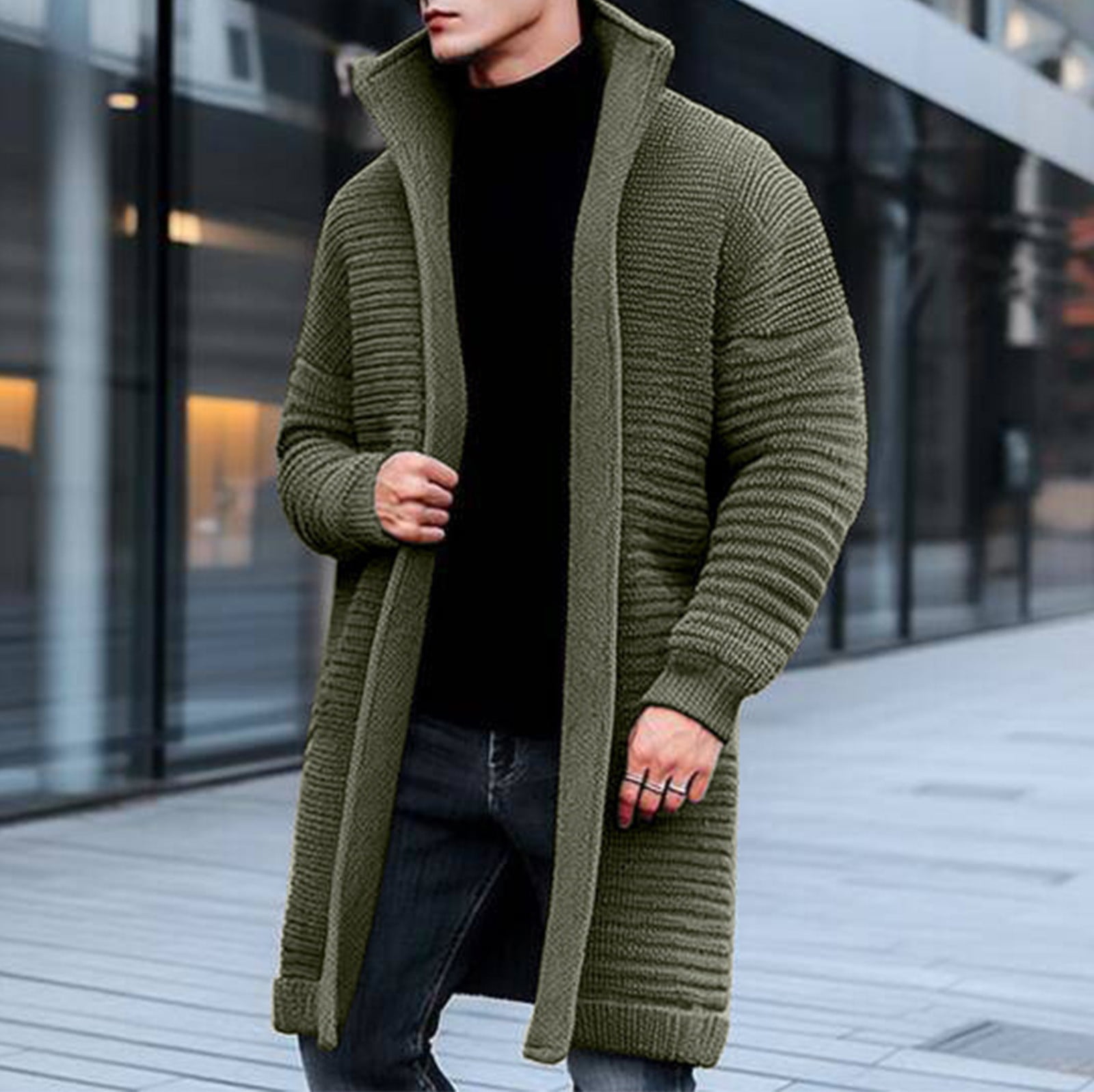 Miluxas Men's Shawl Collar Open Front Long Cardigan Ribbed Knit