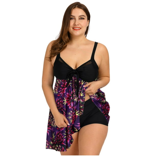 Women Plus Size Tankini Swimsuits Flowy Two Pieces Bathing Suits Swimdress  with Shorts 
