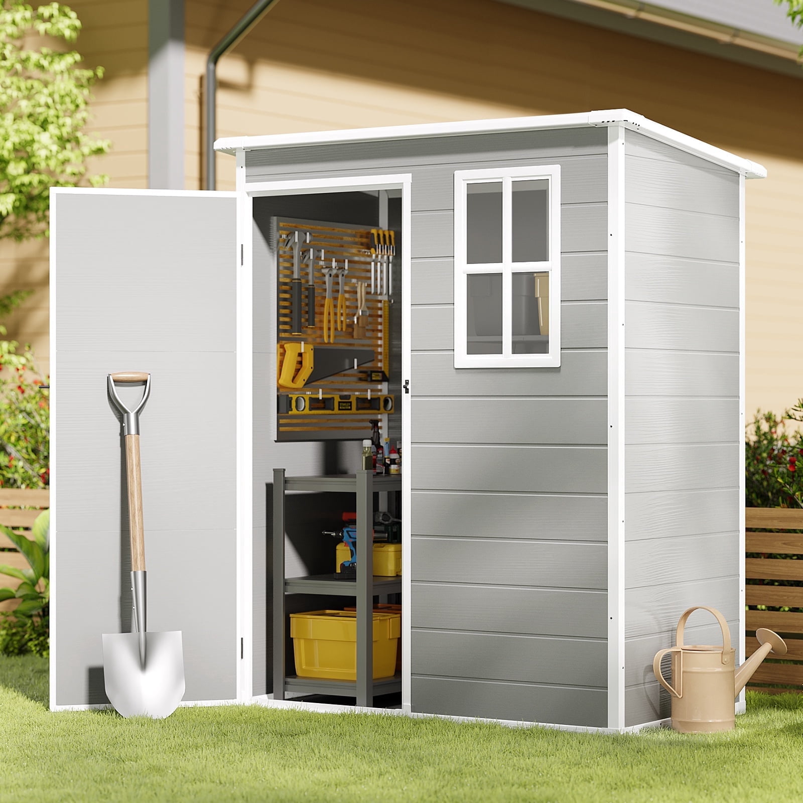 5x3ft（16.6 sq. ft.） Outdoor Storage Shed, Asofer Resin Storage Shed, Plastic Garden Shed for Garden, Gray