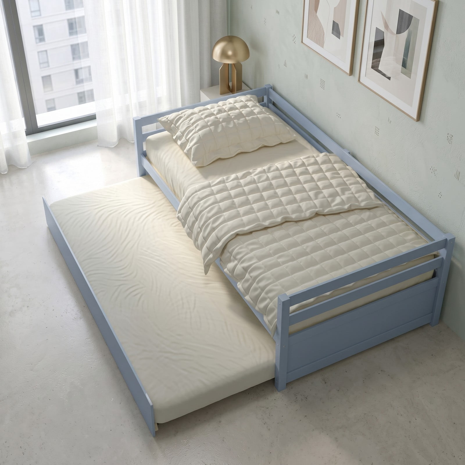 Furnibear Twin Trundle Daybed Frame with Pull Out Trundle and Wooden Slat Support and Side Rails for Bedroom and Guest Room, Gray
