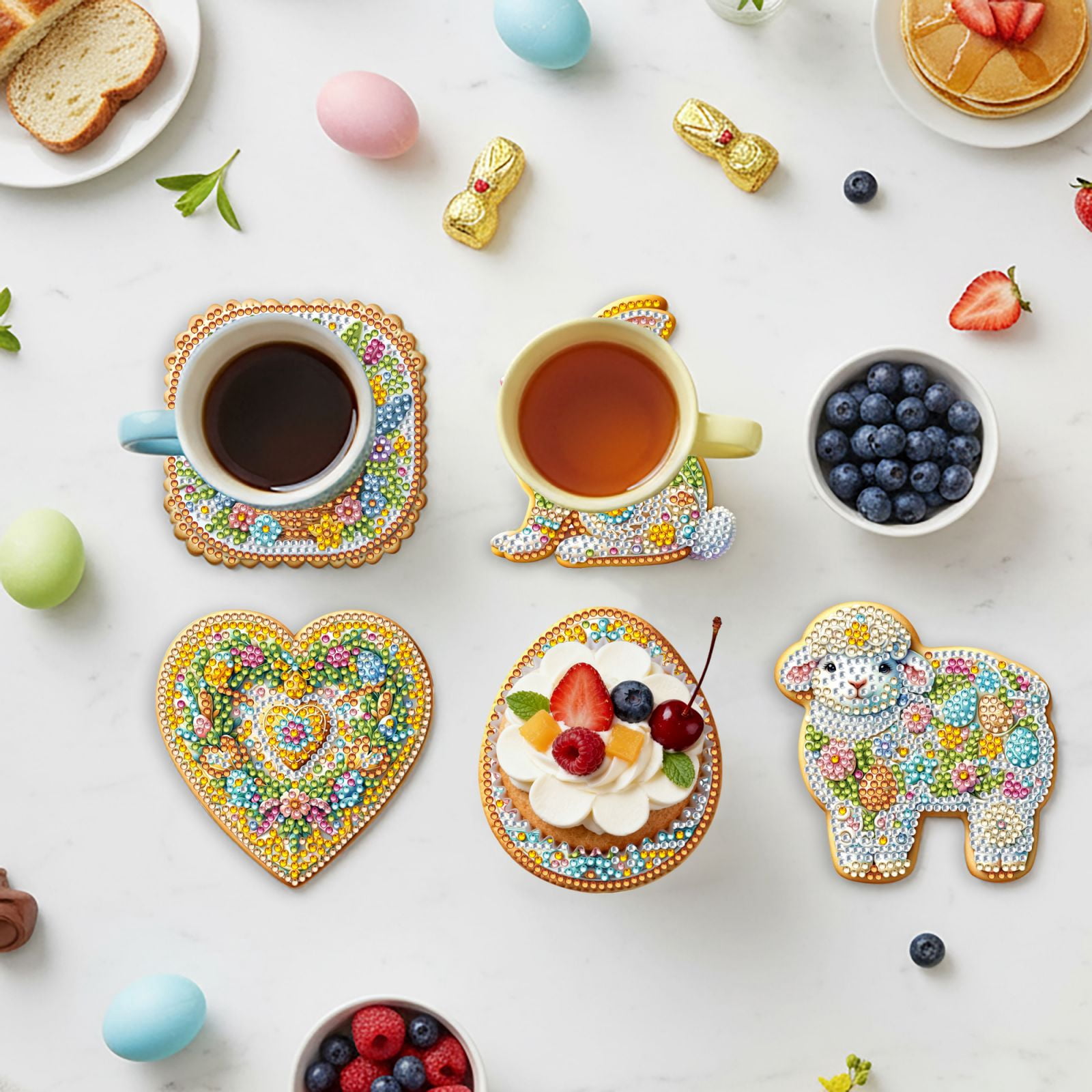 FLOPESN 6Pcs Easter DIY Diamond Art Coasters Kits, Creative Irregular Shape Wooden Desktop Decoration Gift Coasters -Easter Cookies