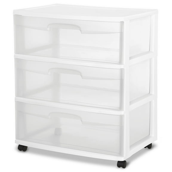 Sterilite Wide 3 Drawer Cart, Clear Plastic Storage Drawers, Wheels Included, White