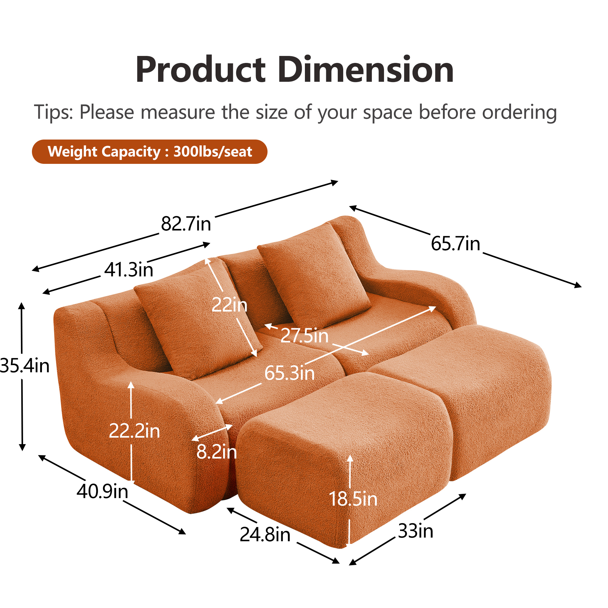 Alvantor Loveseat Sofa with Reversible Ottoman 83" W Teddy Boneless Couch Modern Deep Seat Cloud Loveseat for Living Room Orange