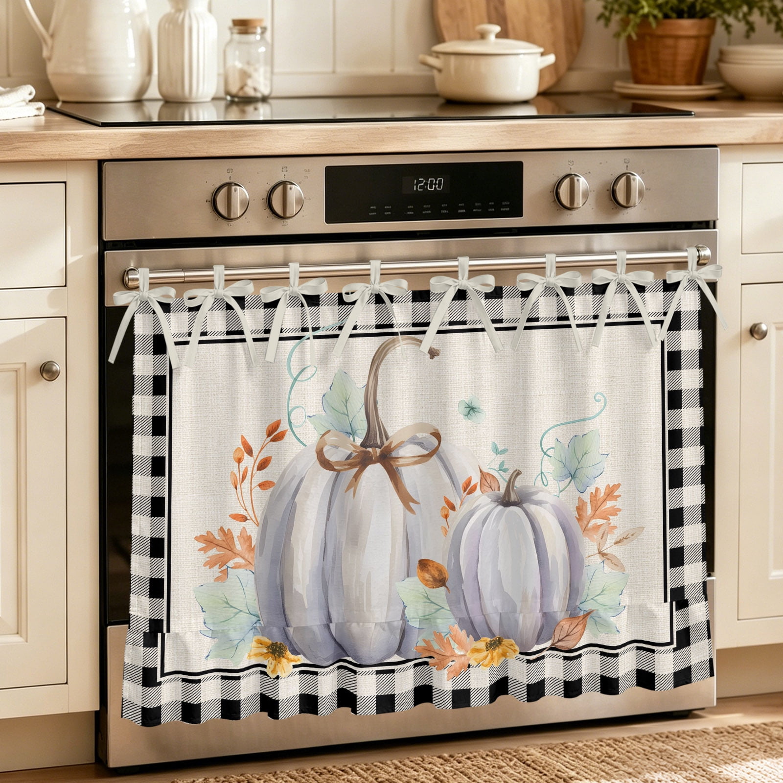 Oven Curtain for Kitchen Thanksgiving Pumpkin Fall Maple Leaves Stove Curtain With Ruffled Trim Dishwasher Curtains Black Plaid Vintage Linen Oven Skirt 32 x24