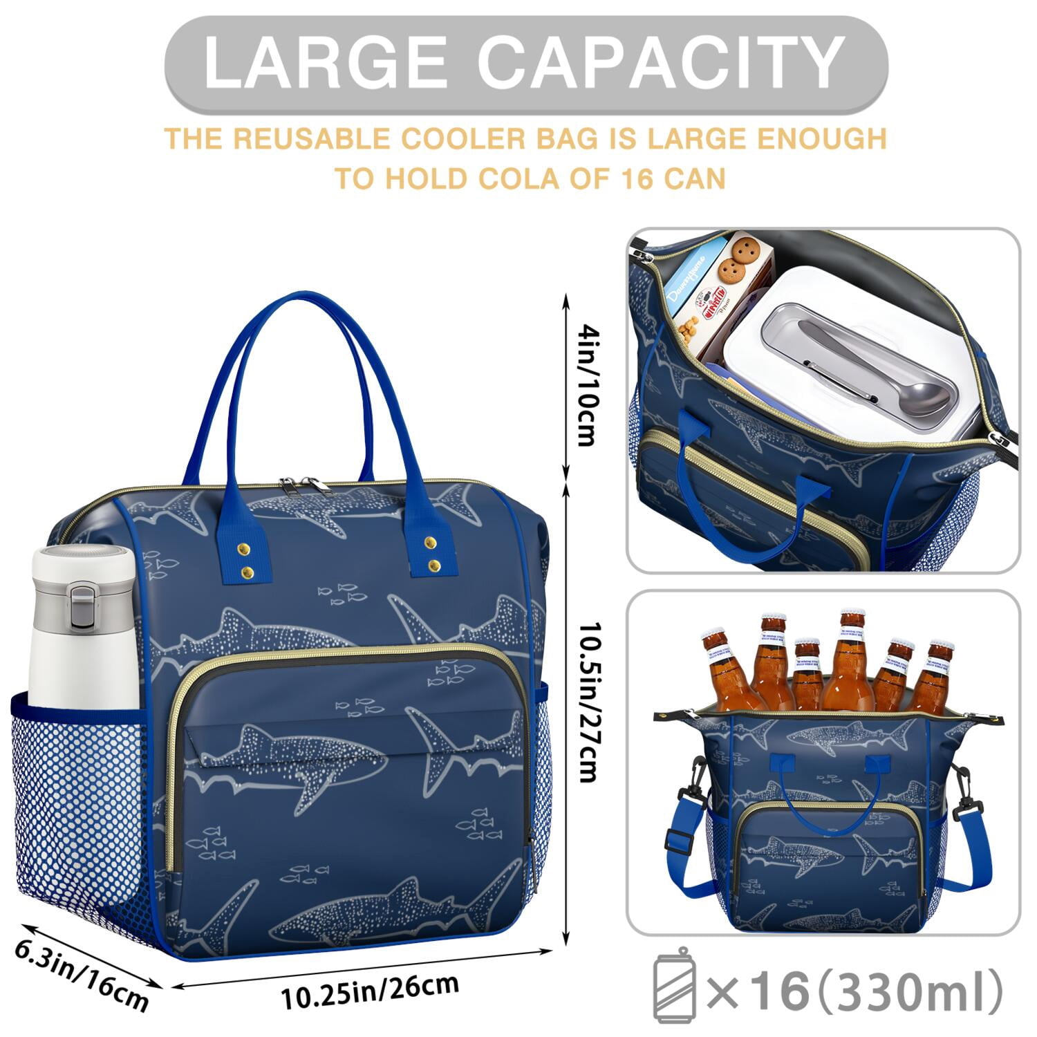 Cute Cartoon Shark and Whale Lunch Box, Large Insulated and Leakproof Bag for Ocean and Marine Style