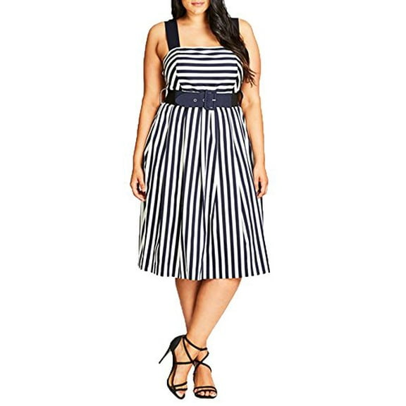 City Chic Womens Trendy Plus Size Belted Striped Dress Navy 22