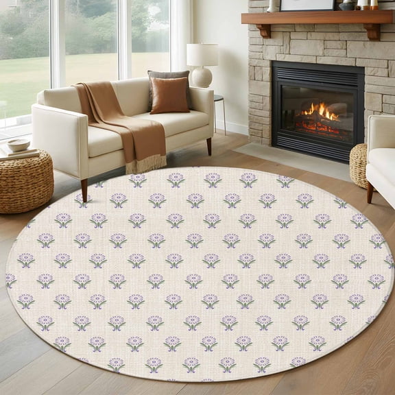 Purple Boho Floral Round Area Rug 5Ft Washable Circle Rugs for Living Room Bedroom, Modern Abstract Flowers Bohemia Beige Non-Slip Carpet Floor Mats Indoor Outdoor Carpet Runner Aesthetic Home Decor