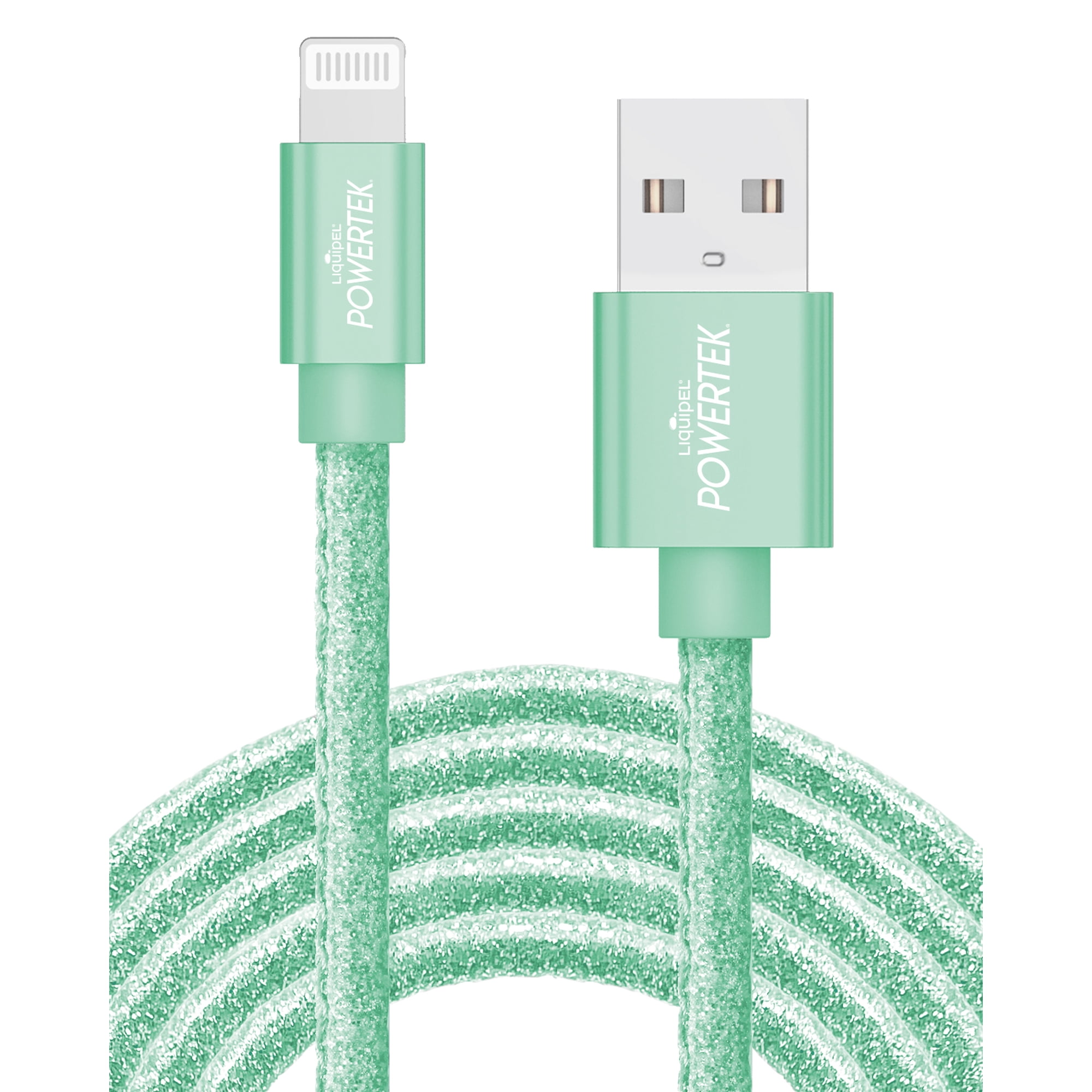 Liquipel Powertek iPad & iPhone Charger Cable, Fast Charging 6ft MFI Certified Lightning to USB Cord, Pastel Glitter Green