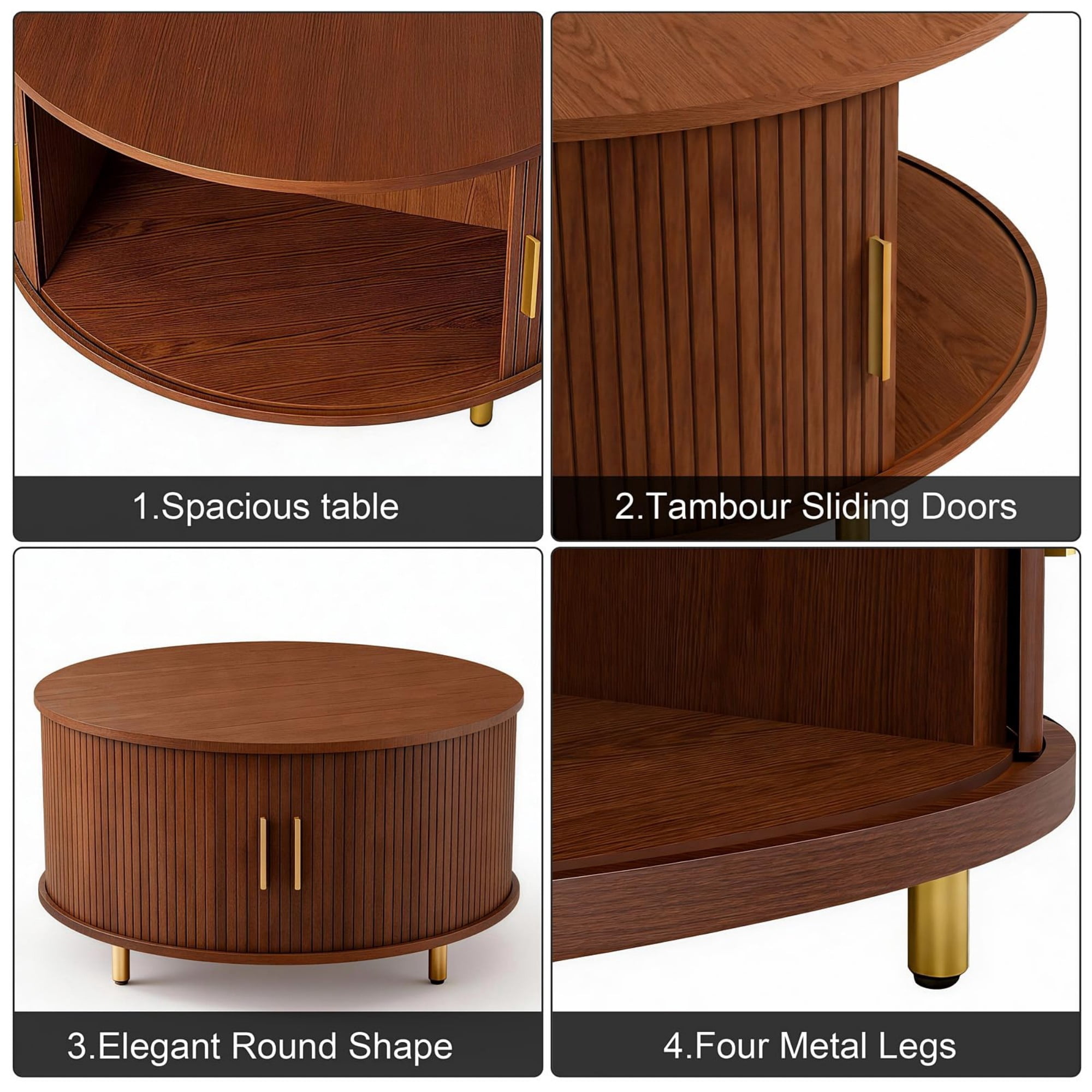 31.5" Round Coffee Table, Mid Century Modern Fluted Coffee Table with 360° Sliding Tambour Door & Storage, Walnut