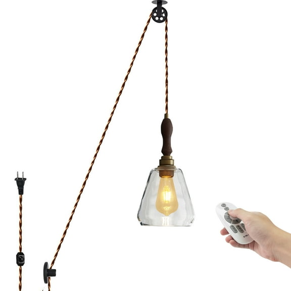 Kiven Plug in Pendant Light with Remote,Dimmable Hanging Light with Glass Lampshade, Modern Ceiling Pendant Light for Bedroom Hallway Kitchen,1-Light
