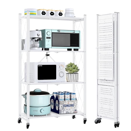 COOKCOK 4-Tier Storage Shelving Unit  Metal Shelf  Foldable Storage Shelf with Wheels  27.9 x13.4 x49.72  Garage Shelf  Kitchen Shelf with 4 Hooks  No Assemble Require  White