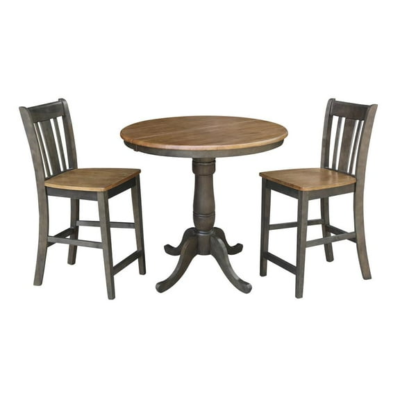 36" Round Wood Extension Counterheight Table and 2 Stools in Hickory/Washed Coal