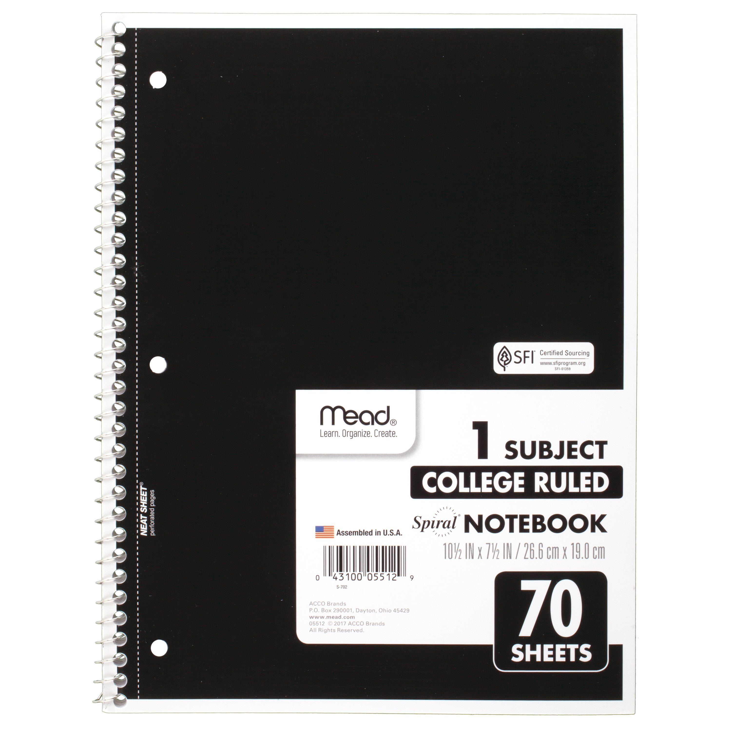 Mead Spiral Notebook 1 Subject College Ruled 70 Sheets 10 12 x 7