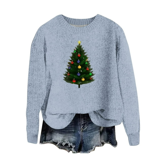 Chandail de Noël pour Femmes Col Rond Drôle Arbre de Noël Laid chandail Laid Tricoté à Manches Longues
