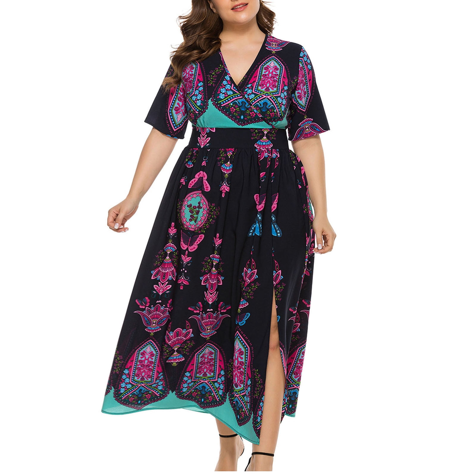 Plus Size Wrap Dress for Women Empire Waist Bohemian Maxi Dress Beach V  Neck Short Sleeve Sexy Split Long Party Dress - Walmart.com