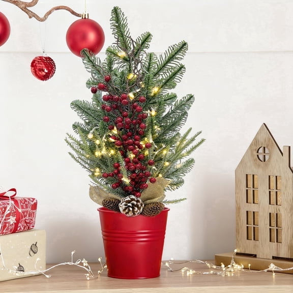 HioHa 18-Inch Pre-Lit Mini Tabletop Tree with Warm White LED Lights, Flocked Branches with Red Berries & Pinecones, Artificial Snowy Tree for Shelf Desk Mantel Indoor Home Party Decor