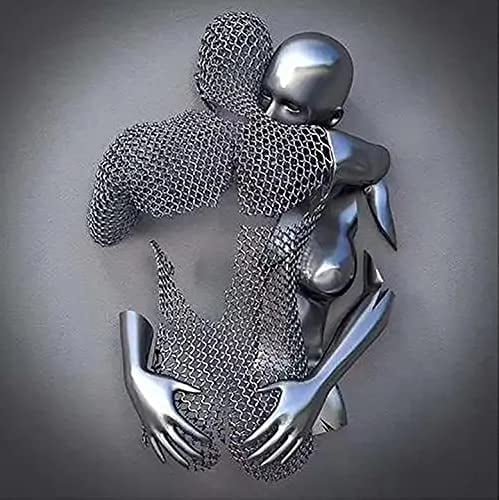 Love Heart 3D Effect Wall Art, Metal Figure Statue Art Canvas Painting 17.75in Modern Wall Art for Bathroom Home Decor Canvas Artwork Decoration (Grey, Face to face hug）