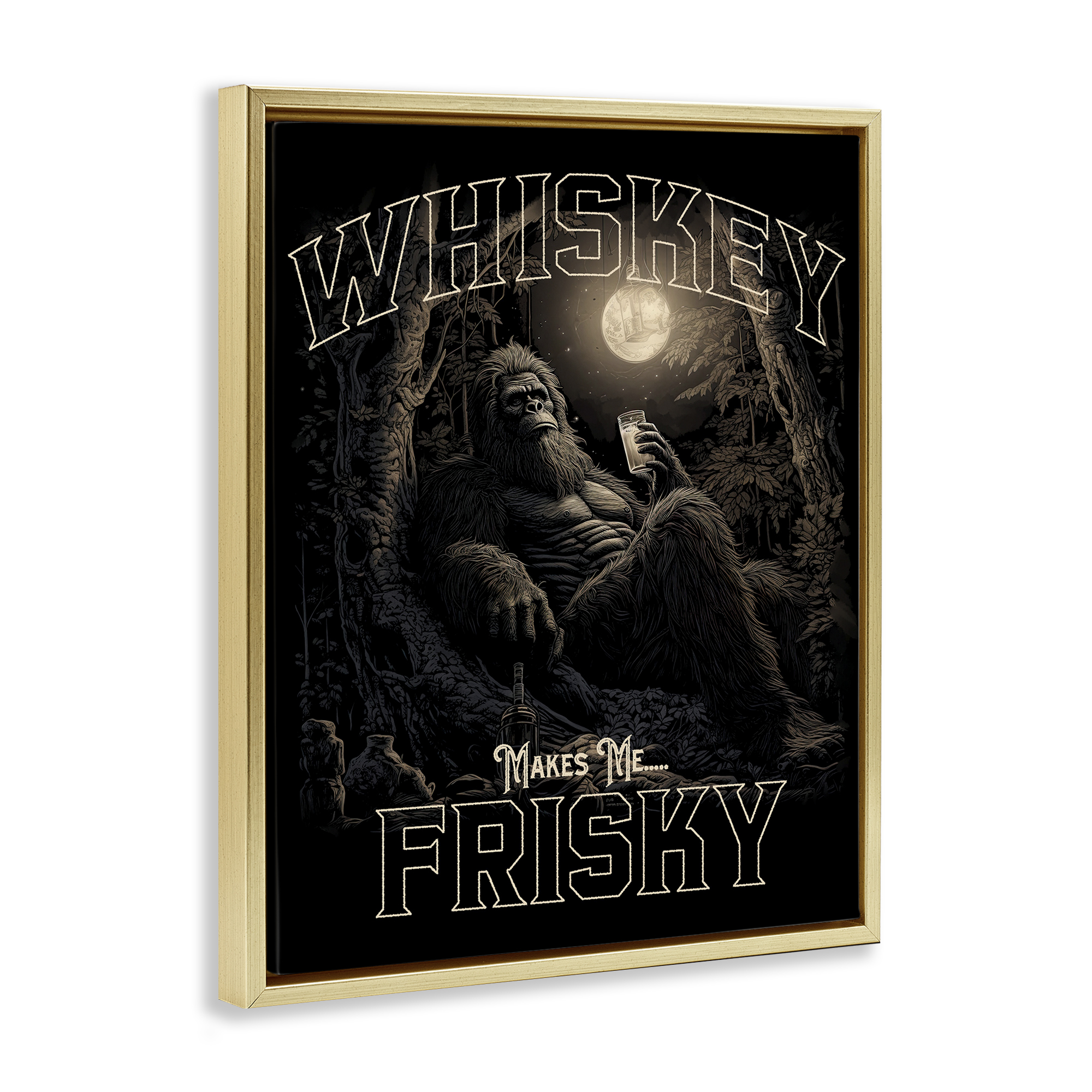 Stupell Industries Whiskey Makes Me Frisky Fairy Tales & Fantasy Painting Gold Floater Framed Canvas Art Print Wall Art, 17 x 21