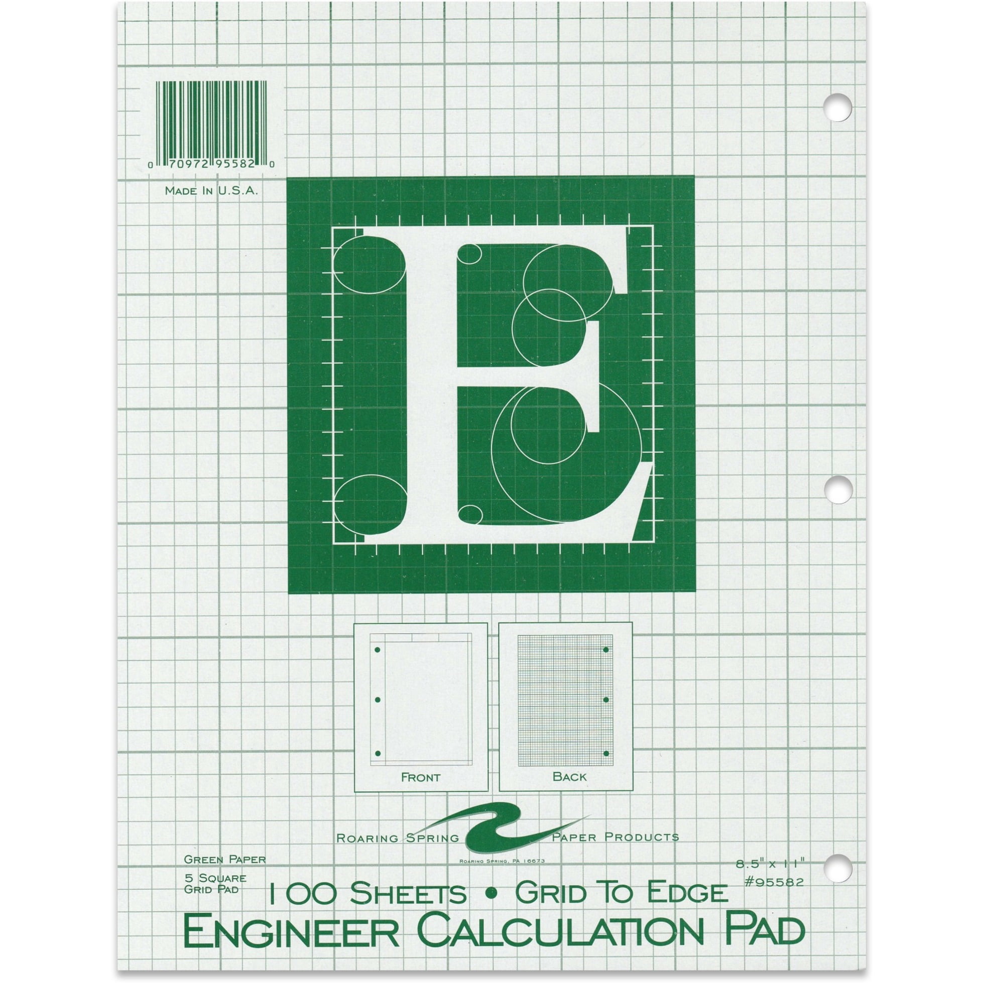 Roaring Spring Engineering Pad, 24-Pack, 8.5" x 11", 100 Sheets 15# Green Paper, 5x5 Printed Back Gird-to-Edge, Top Glued, 3-Hole Punched, Proudly Made in USA, Heavy Backing Board