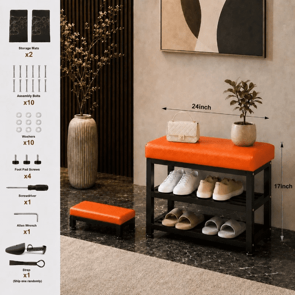 24in Cushioned Top Shoe Storage Bench with Built-in Shoe Cabinet, Robust Metal Frame Quick to Assemble, Compact Space-Saving Shoe Organizer for Entry Hall, Bedroom & Living Space