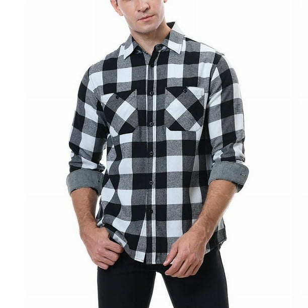 Camisa de flanela xadrez casual masculina, manga comprida, diseño de bolso duplo no peito, botão impresso, nova moda