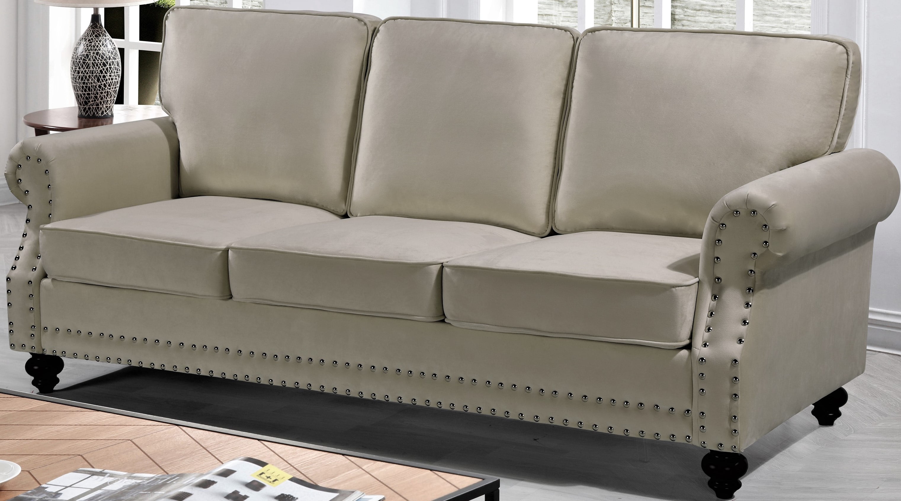 Uspridefurniture Feingold 85'' Velvet Rolled Arm Sofa - Beige