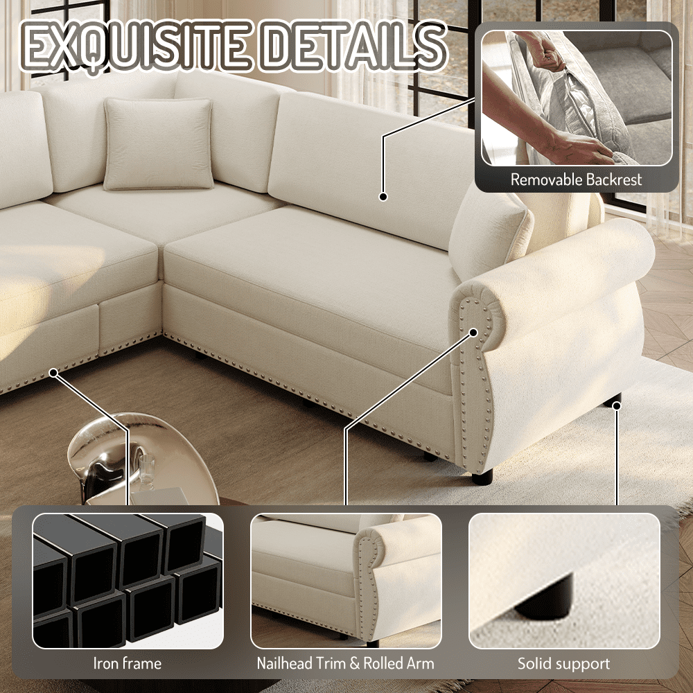 88.2'' Pull Out Couch, Convertible Sleeper Sofa Bed, Upholstered Sectional Sofa, Chenille L-Shaped Couch with Nailhead Trim, 4-Seater Modern Sectional Couches for Living Room, Apartment, Beige